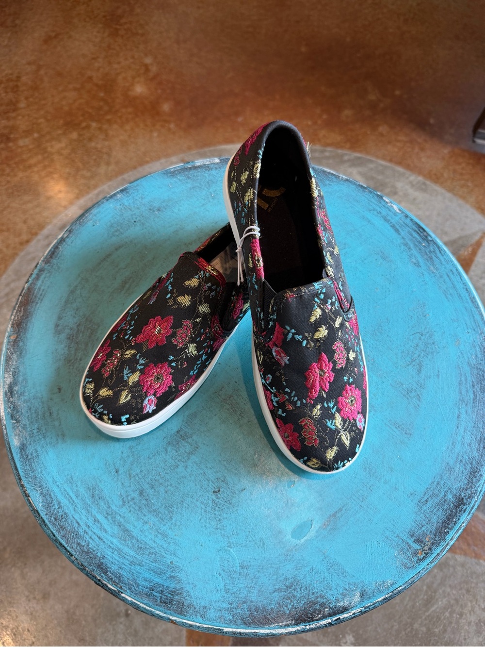 Black Floral Slip-On Sneakers with Red, Pink & Gold Embroidery